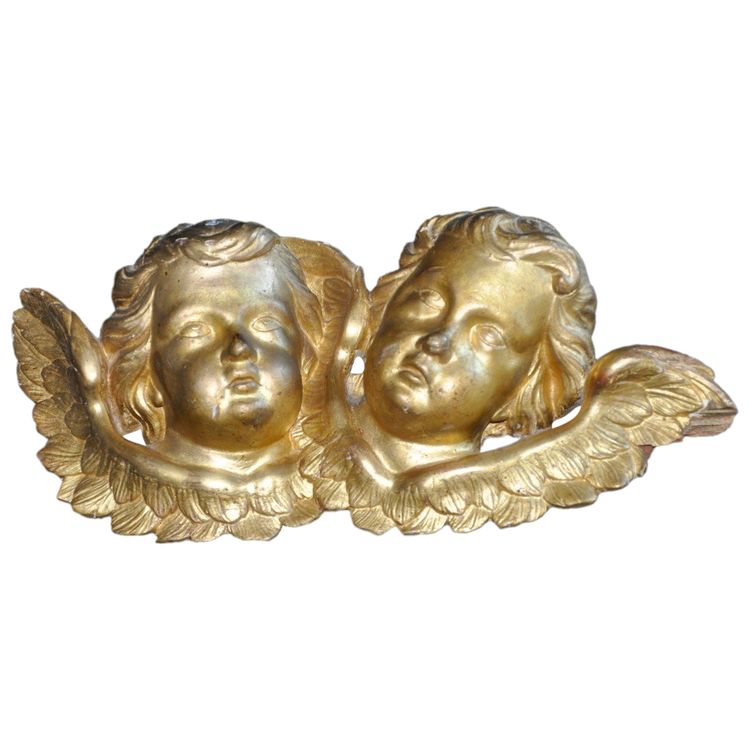 Bas-relief En Bois Doré Attribué à Jacques Bernus Deux Têtes D'angelots 18th Century
