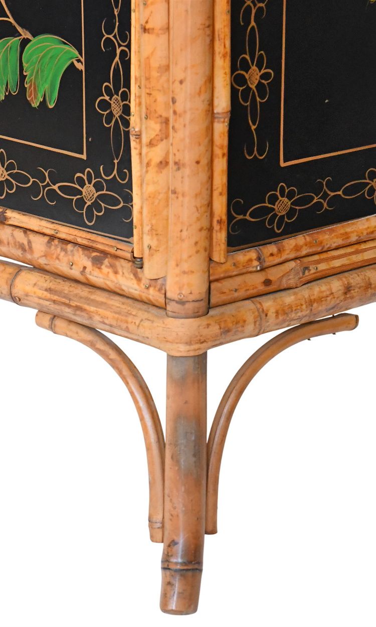 Japanese sideboard in bamboo and black lacquer enhanced with polychrome flowers