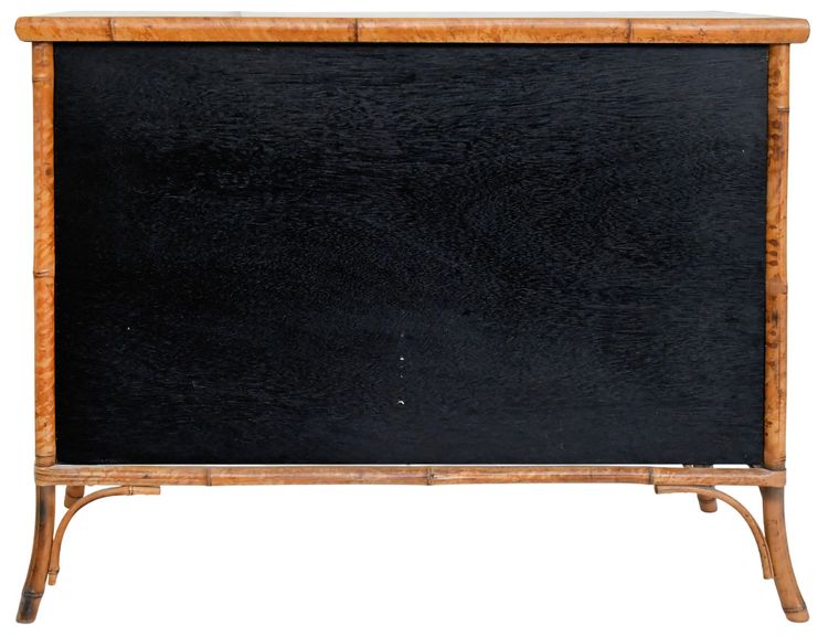 Japanese sideboard in bamboo and black lacquer enhanced with polychrome flowers