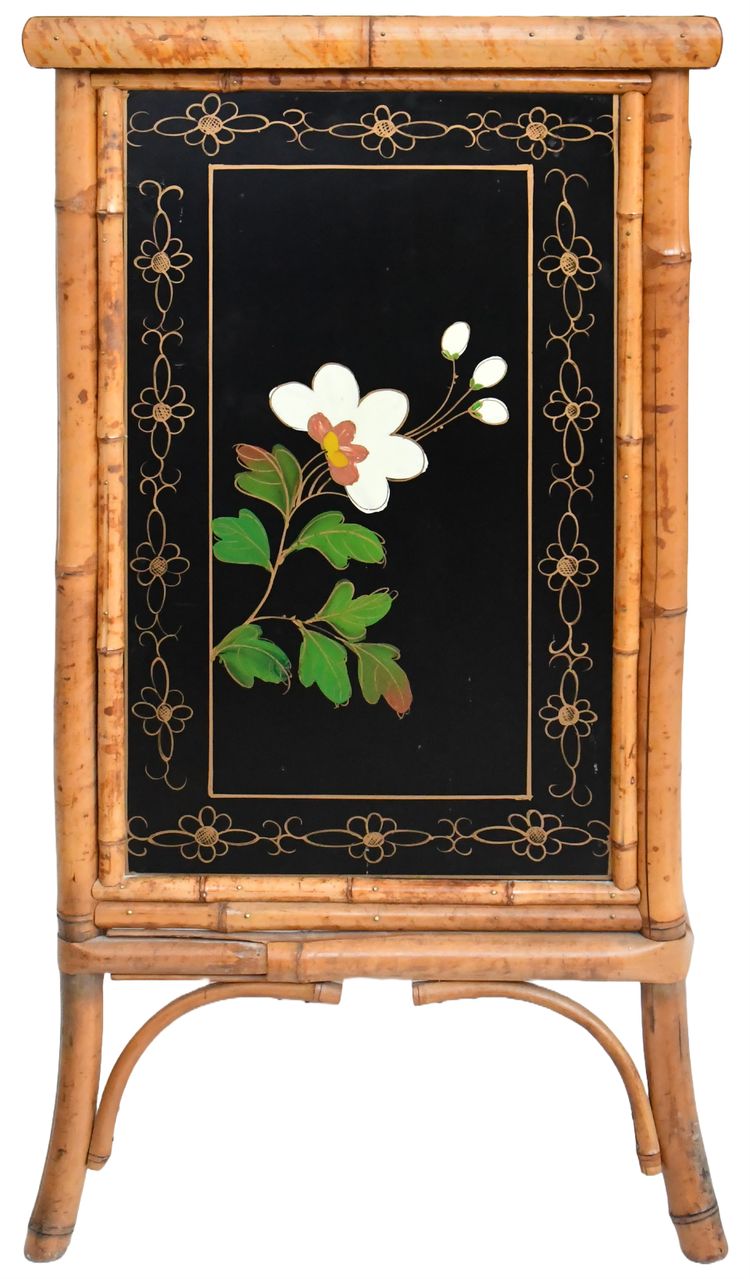 Japanese sideboard in bamboo and black lacquer enhanced with polychrome flowers