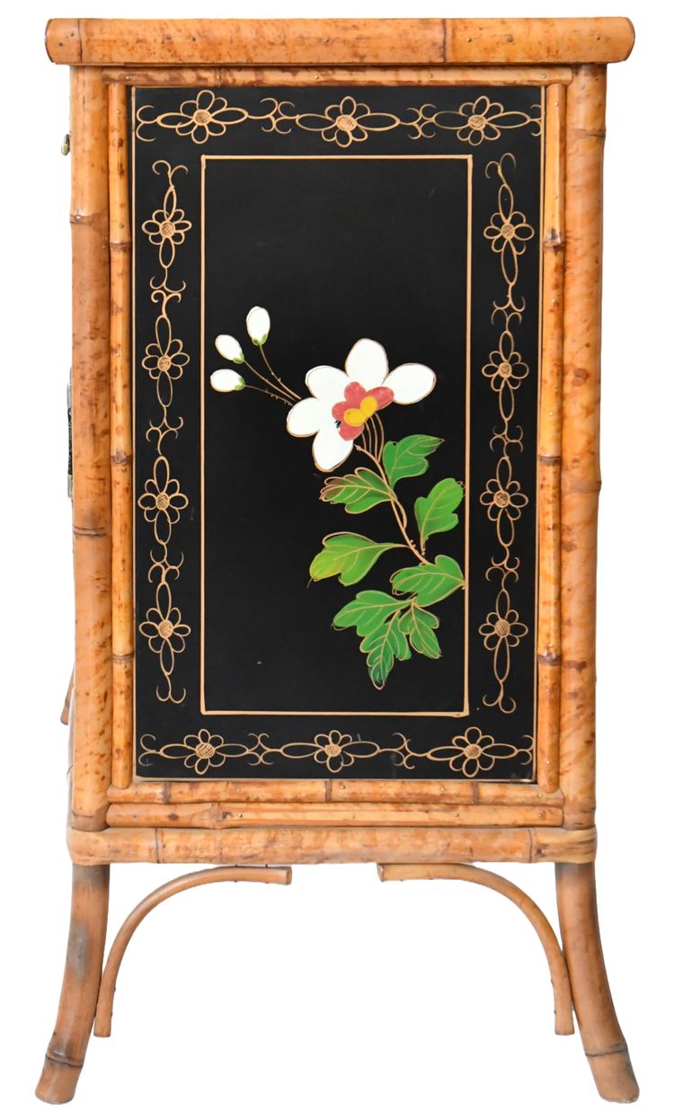 Japanese sideboard in bamboo and black lacquer enhanced with polychrome flowers
