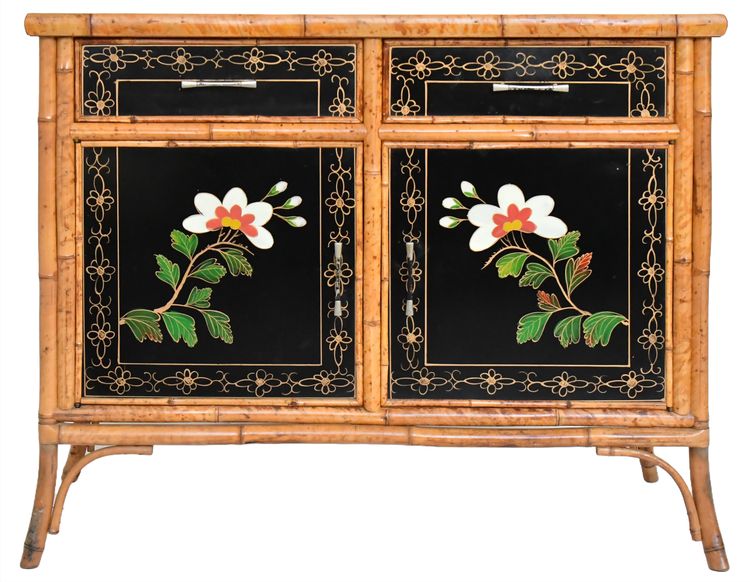 Japanese sideboard in bamboo and black lacquer enhanced with polychrome flowers