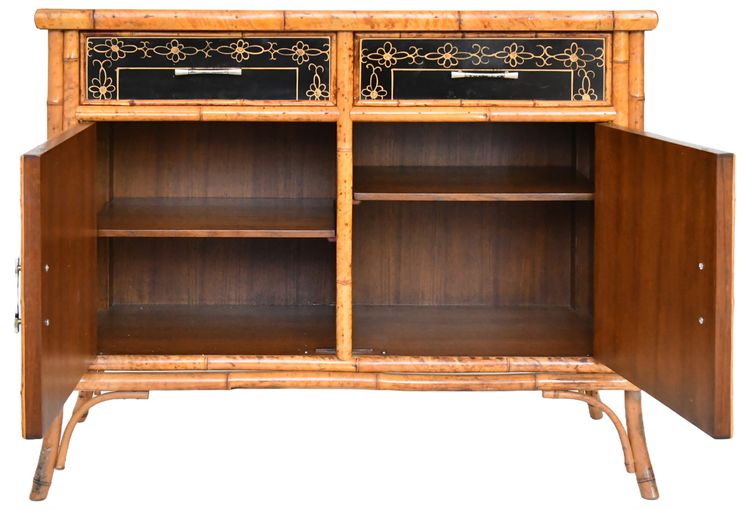 Japanese sideboard in bamboo and black lacquer enhanced with polychrome flowers