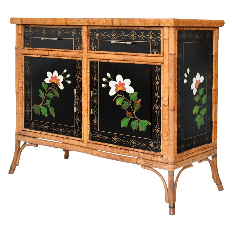 Japanese sideboard in bamboo and black lacquer enhanced with polychrome flowers