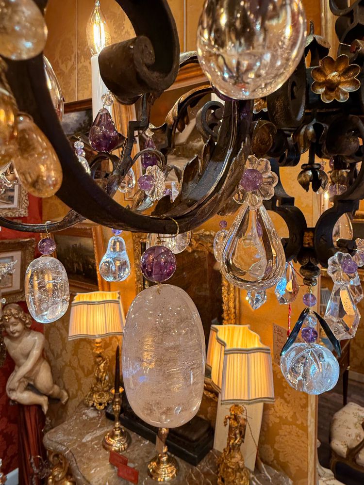 Wrought Iron and Gilded Iron Chandelier Adorned with Rock Crystal and Amethysts, circa 1870-1880