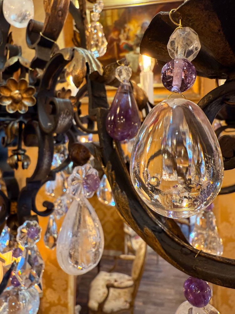 Wrought Iron and Gilded Iron Chandelier Adorned with Rock Crystal and Amethysts, circa 1870-1880
