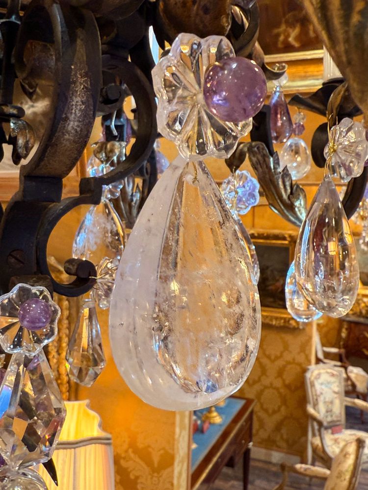 Wrought Iron and Gilded Iron Chandelier Adorned with Rock Crystal and Amethysts, circa 1870-1880