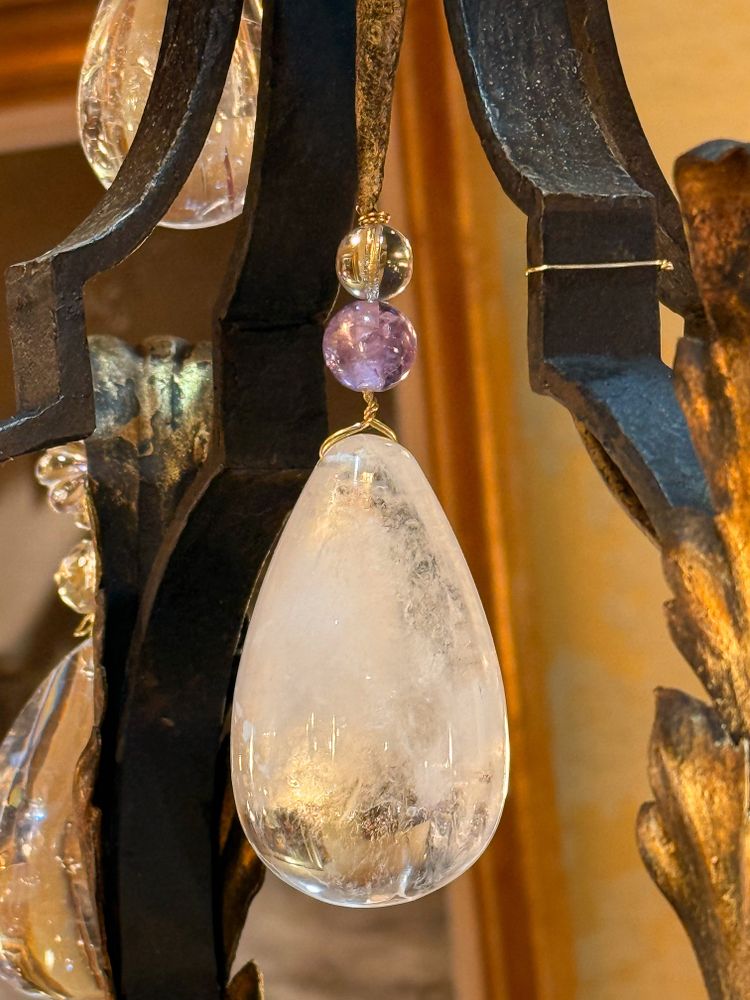 Wrought Iron and Gilded Iron Chandelier Adorned with Rock Crystal and Amethysts, circa 1870-1880