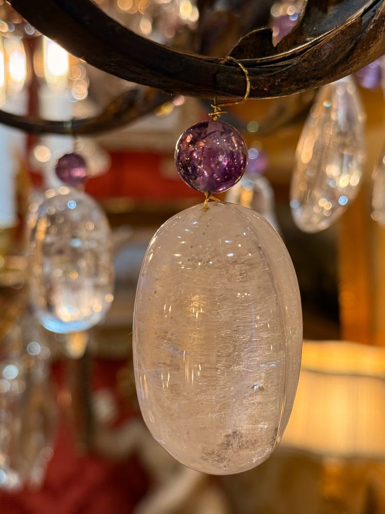 Wrought Iron and Gilded Iron Chandelier Adorned with Rock Crystal and Amethysts, circa 1870-1880