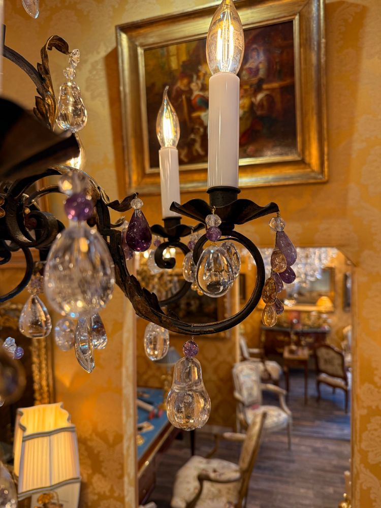 Wrought Iron and Gilded Iron Chandelier Adorned with Rock Crystal and Amethysts, circa 1870-1880