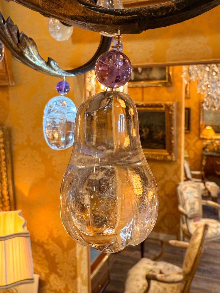 Wrought Iron and Gilded Iron Chandelier Adorned with Rock Crystal and Amethysts, circa 1870-1880