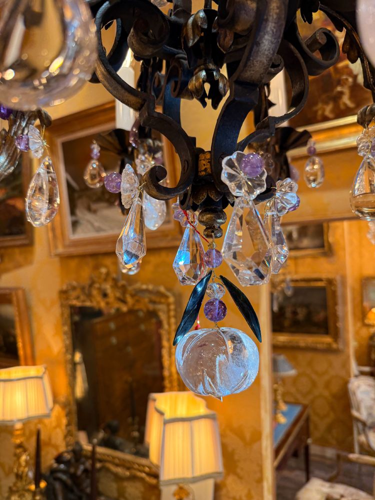 Wrought Iron and Gilded Iron Chandelier Adorned with Rock Crystal and Amethysts, circa 1870-1880