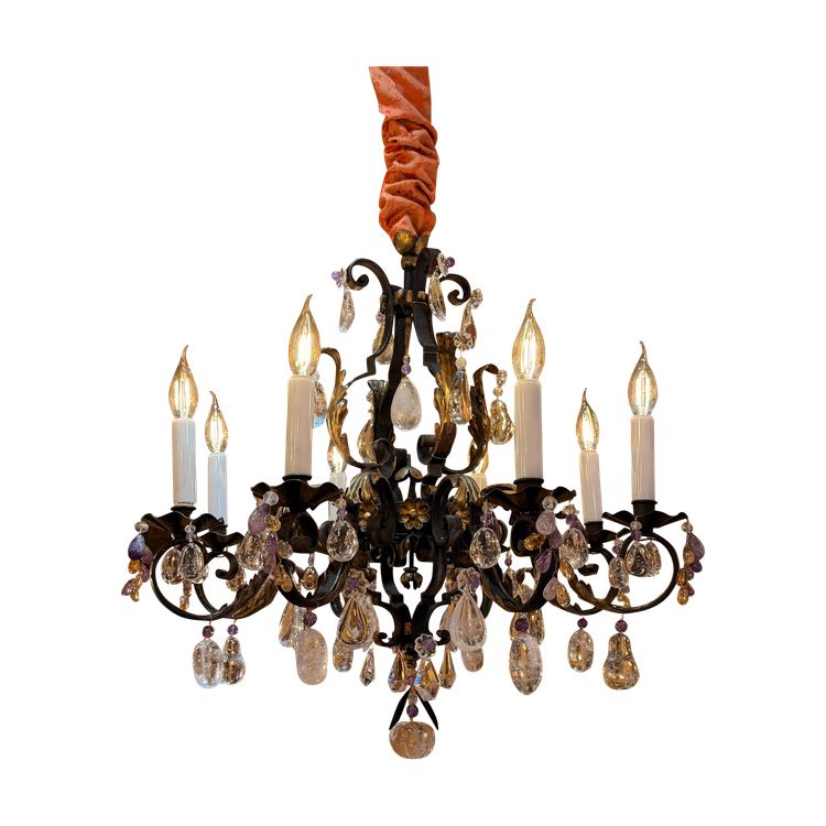 Wrought Iron and Gilded Iron Chandelier Adorned with Rock Crystal and Amethysts, circa 1870-1880