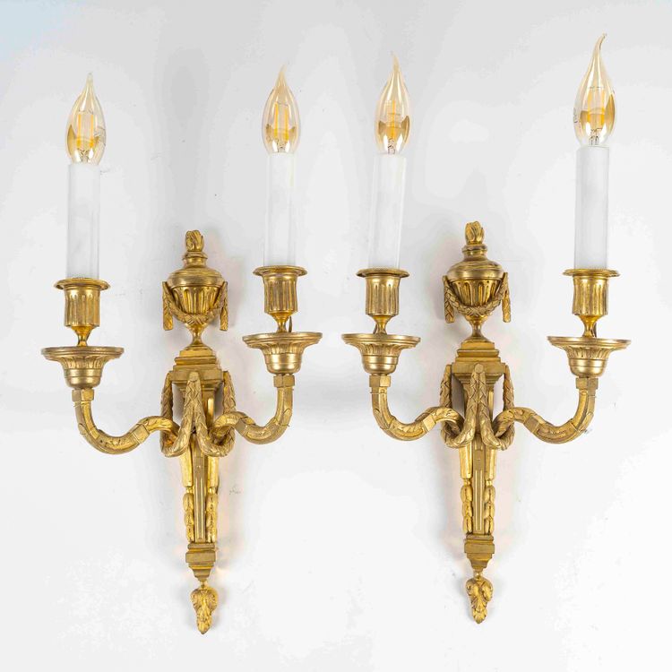Pair of Two-Light Bronze and Gilt Wall Sconces in Louis XVI Style vers 1800