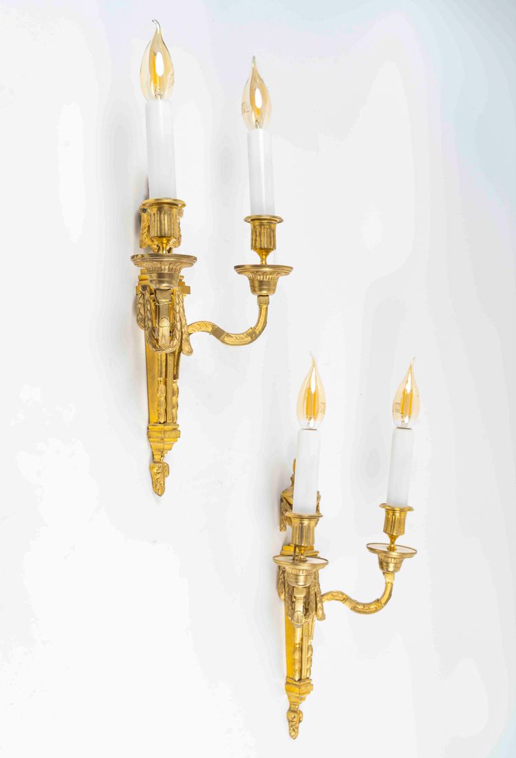 Pair of Two-Light Bronze and Gilt Wall Sconces in Louis XVI Style vers 1800