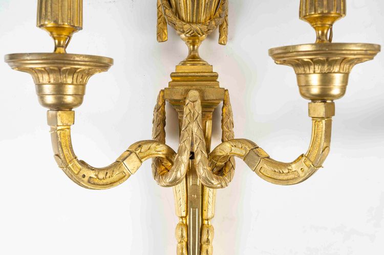 Pair of Two-Light Bronze and Gilt Wall Sconces in Louis XVI Style vers 1800
