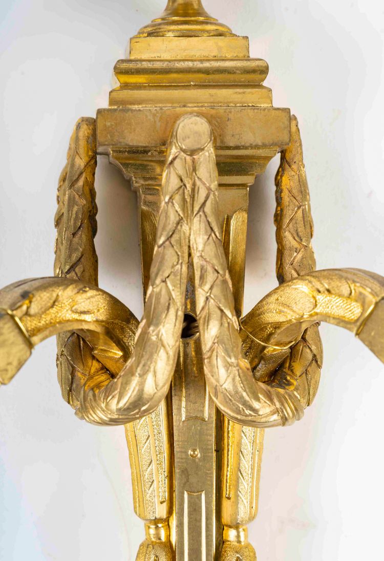 Pair of Two-Light Bronze and Gilt Wall Sconces in Louis XVI Style vers 1800