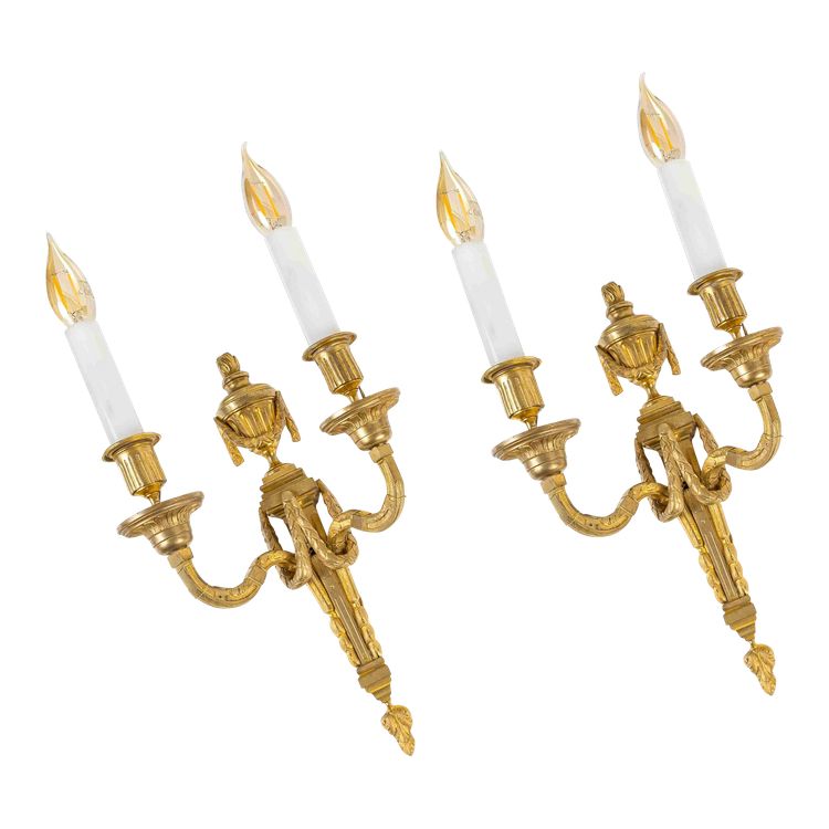 Pair of Two-Light Bronze and Gilt Wall Sconces in Louis XVI Style vers 1800