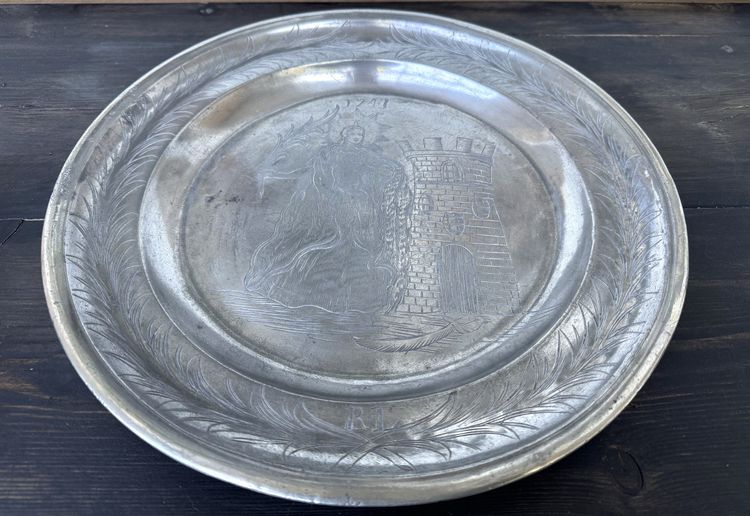 Pewter Dish With Engraved Decor Of Saint Barbara -1747