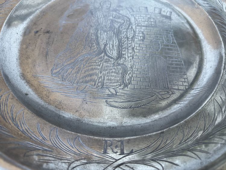 Pewter Dish With Engraved Decor Of Saint Barbara -1747