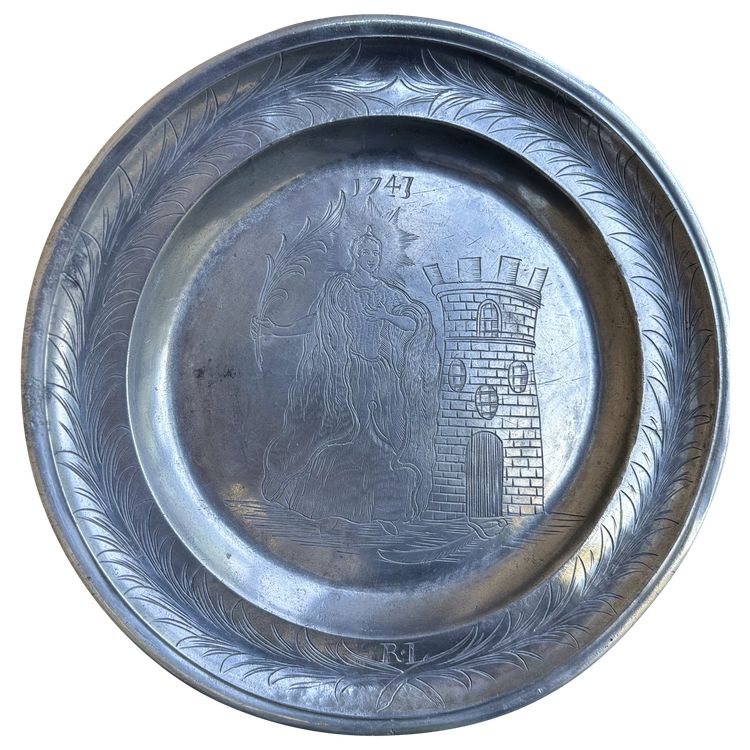 Pewter Dish With Engraved Decor Of Saint Barbara -1747