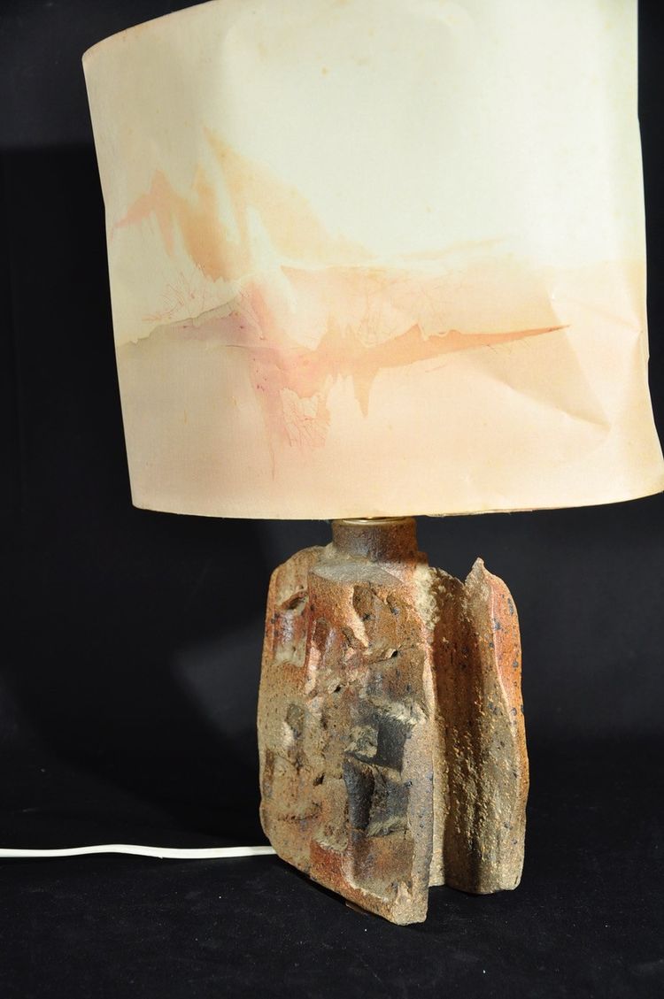 Lampe en grès Atelier Palègre circa 1970, abat-jour en soie peinte