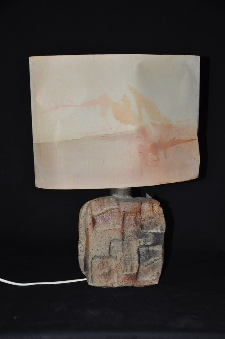 Lampe en grès Atelier Palègre circa 1970, abat-jour en soie peinte