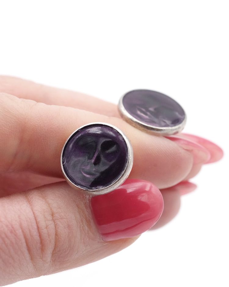 Manschettenknöpfe Mond in Silber, Metall, violettes Emaille, Mann im Mond, antikes Schmuckstück