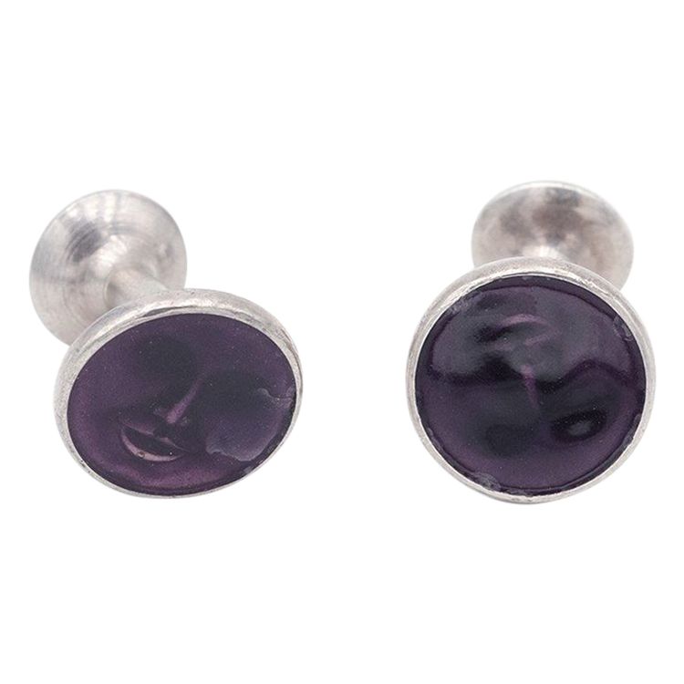 Manschettenknöpfe Mond in Silber, Metall, violettes Emaille, Mann im Mond, antikes Schmuckstück