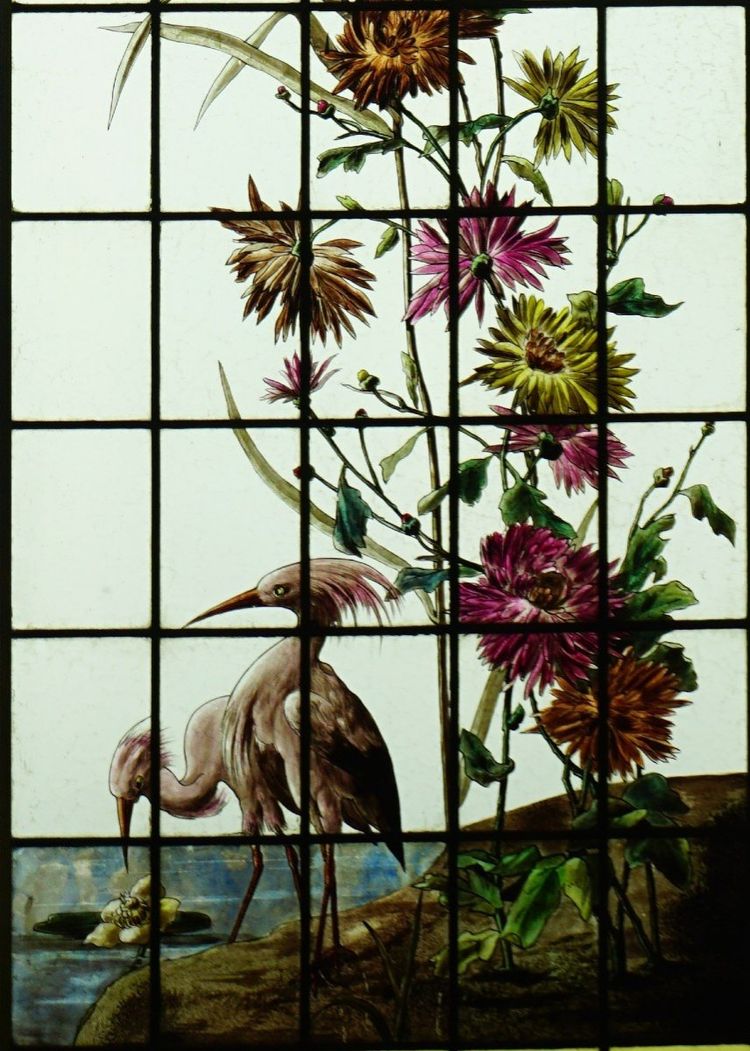 Vitrail - Stained glass - Sunflowers, Dahlias and Birds
