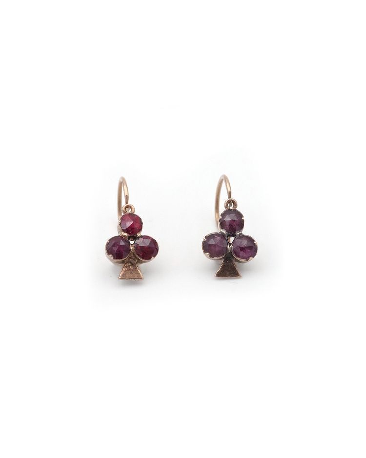 Dormeuses trèfles grenats de Perpignan ancienne or 18k, boucles d'oreille anciennes, bijou ancien
