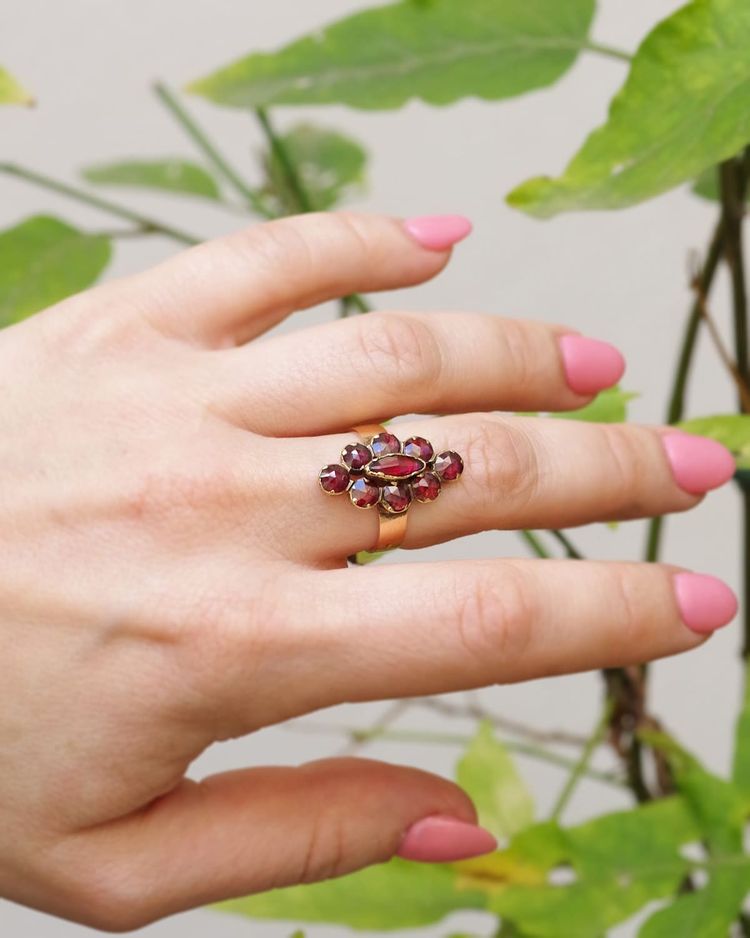 French antique Perpignan garnet navette ring, 18k rose gold regional jewelry, cluster ring