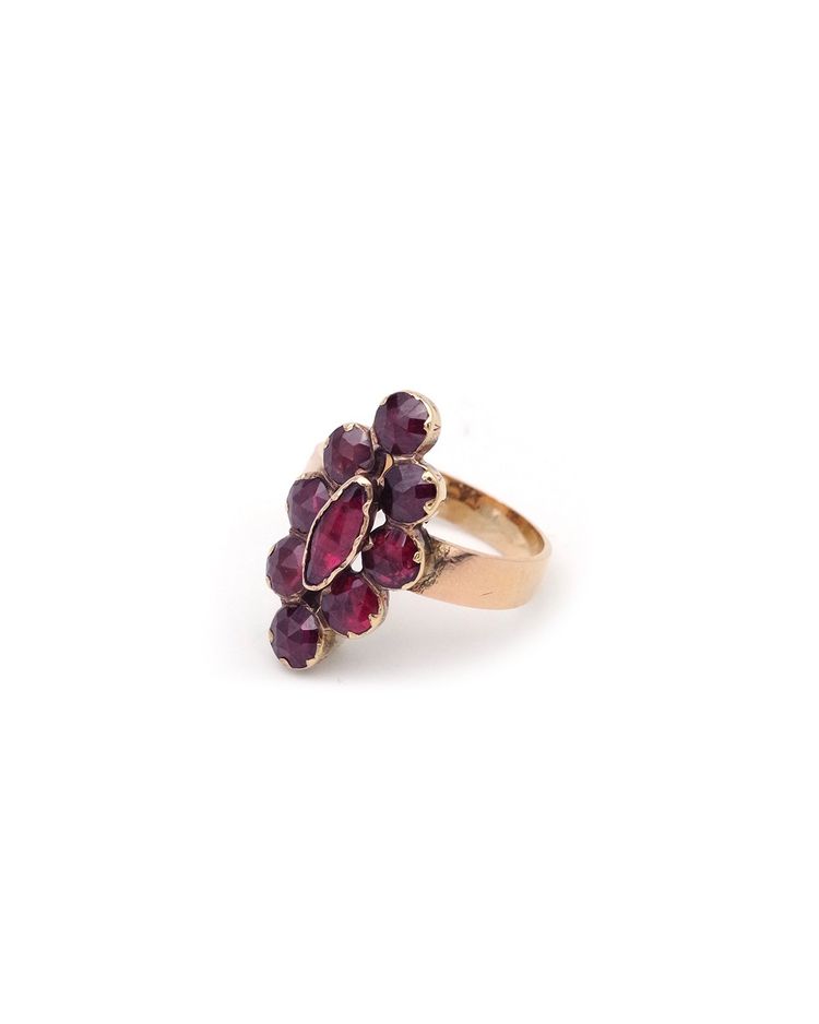 French antique Perpignan garnet navette ring, 18k rose gold regional jewelry, cluster ring