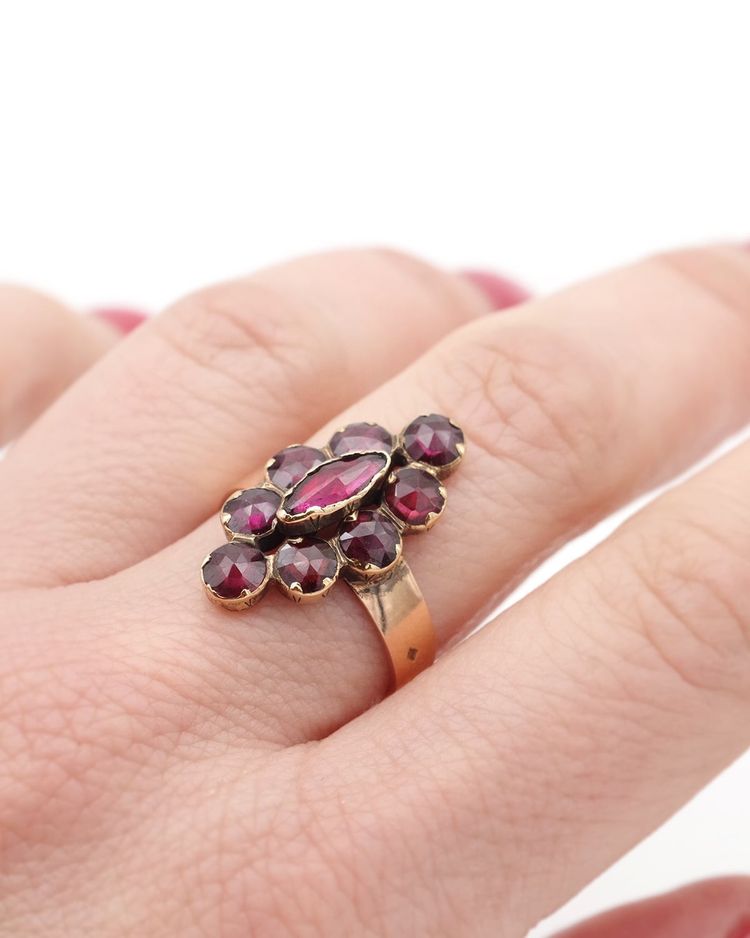 French antique Perpignan garnet navette ring, 18k rose gold regional jewelry, cluster ring