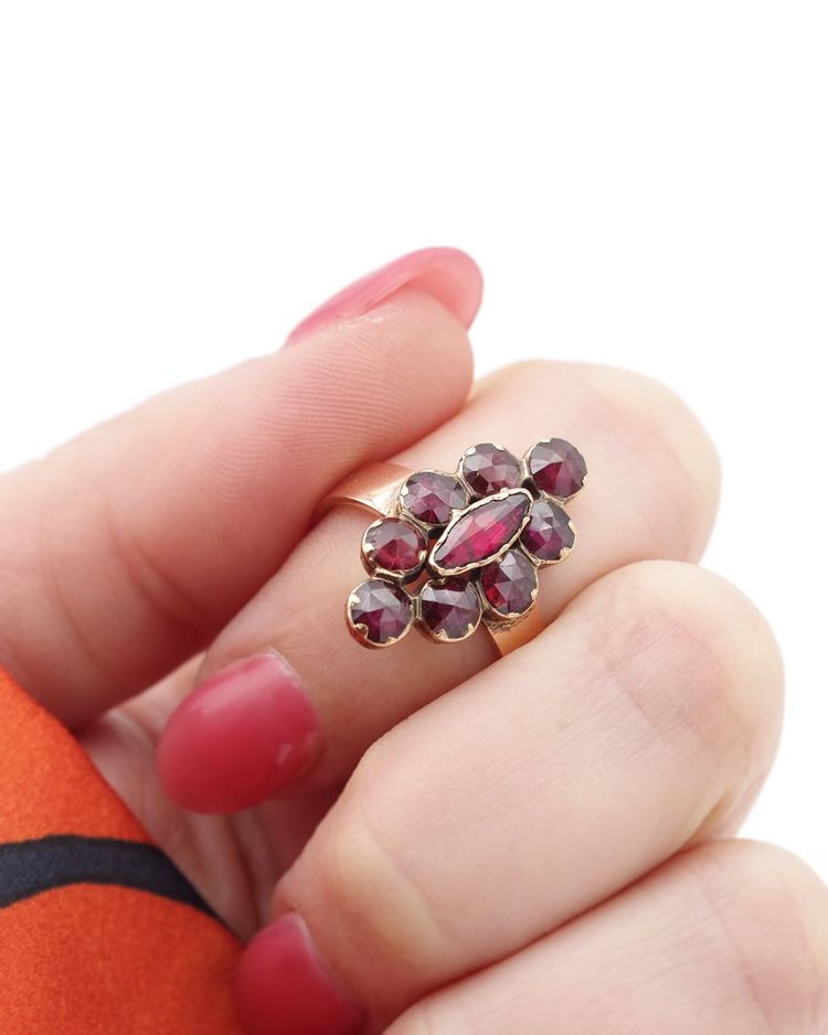 French antique Perpignan garnet navette ring, 18k rose gold regional jewelry, cluster ring