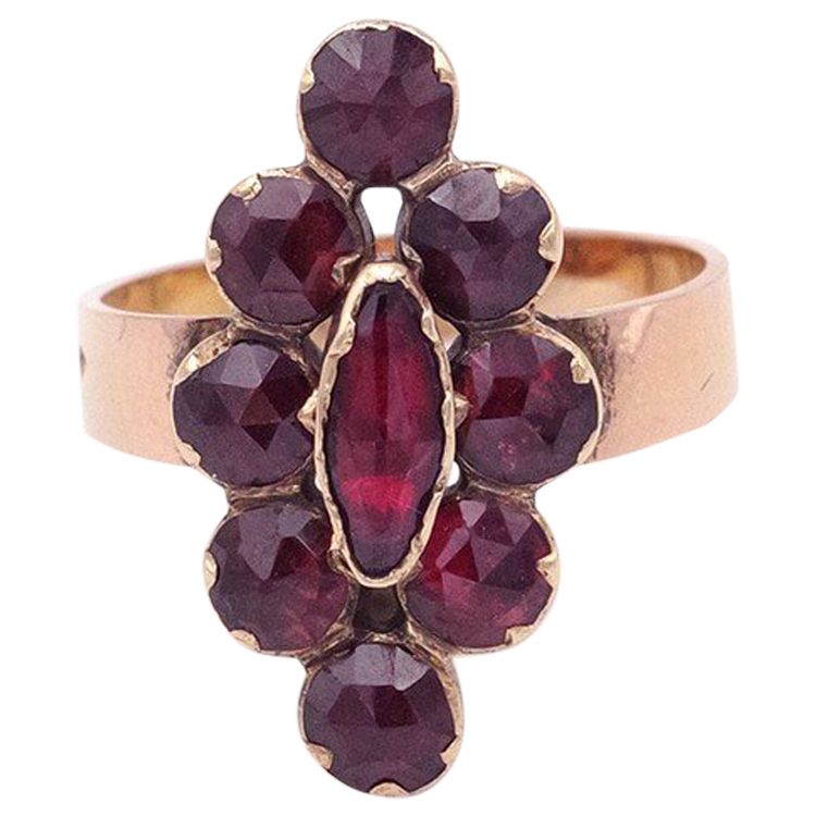 French antique Perpignan garnet navette ring, 18k rose gold regional jewelry, cluster ring