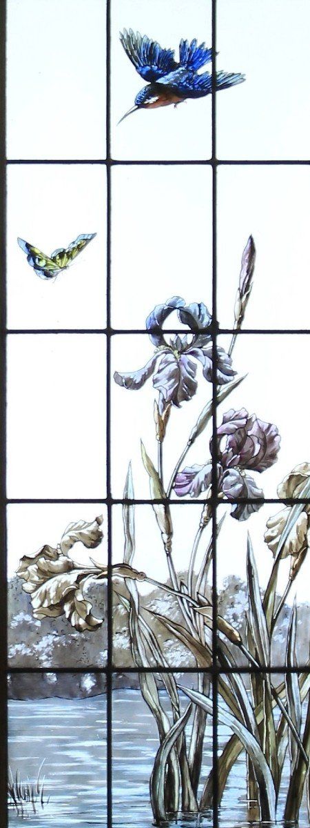 Vetrate - Vetrate - Fiori, uccelli, farfalle in riva all'acqua