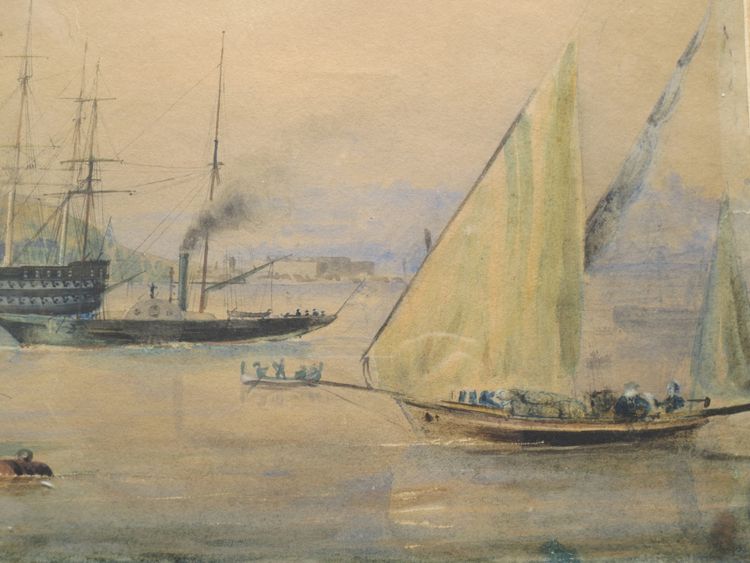 Port méditerranéen, aquarelle XIXe siècle.