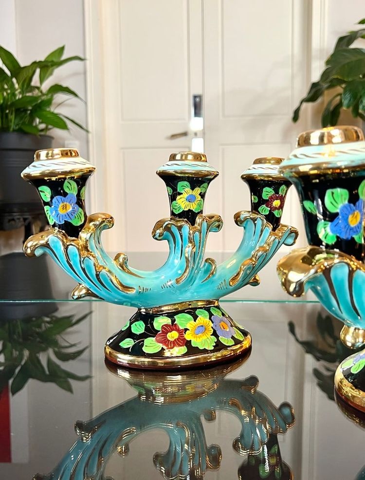 Bougeoirs En Faïence Monaco - Vintage 1960 - Turquoise Noir Et Or