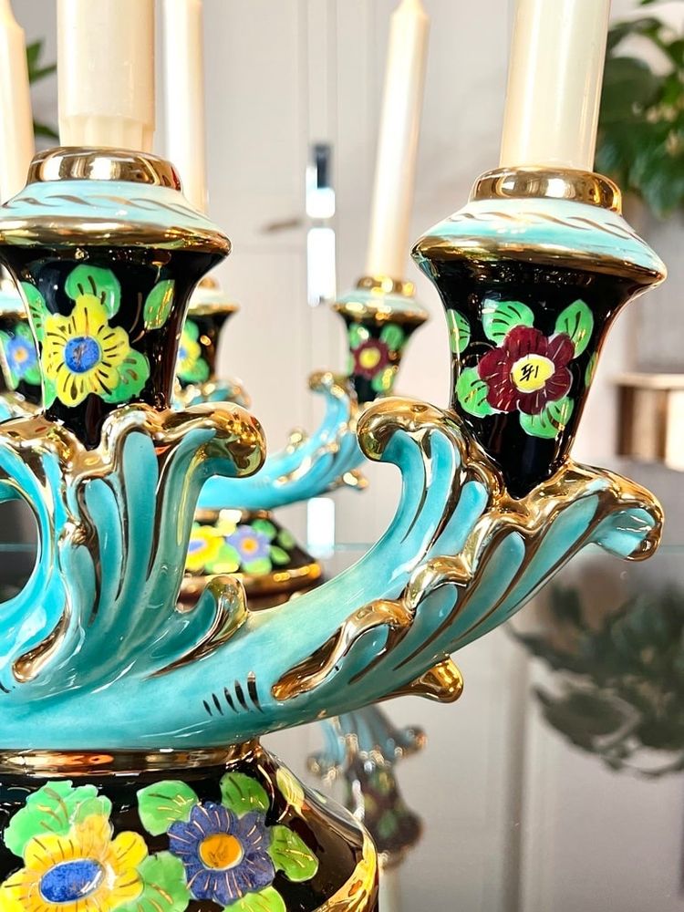 Bougeoirs En Faïence Monaco - Vintage 1960 - Turquoise Noir Et Or