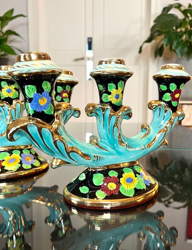 Bougeoirs En Faïence Monaco - Vintage 1960 - Turquoise Noir Et Or