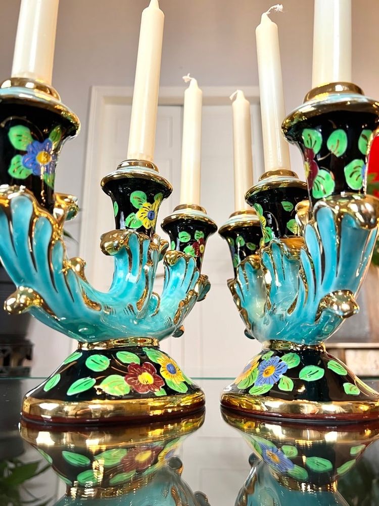 Bougeoirs En Faïence Monaco - Vintage 1960 - Turquoise Noir Et Or
