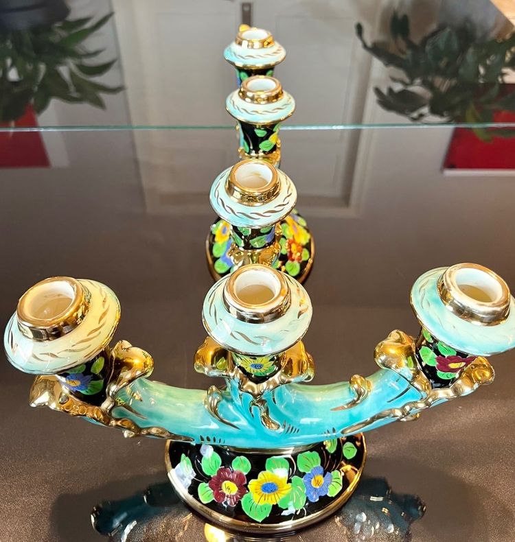 Bougeoirs En Faïence Monaco - Vintage 1960 - Turquoise Noir Et Or