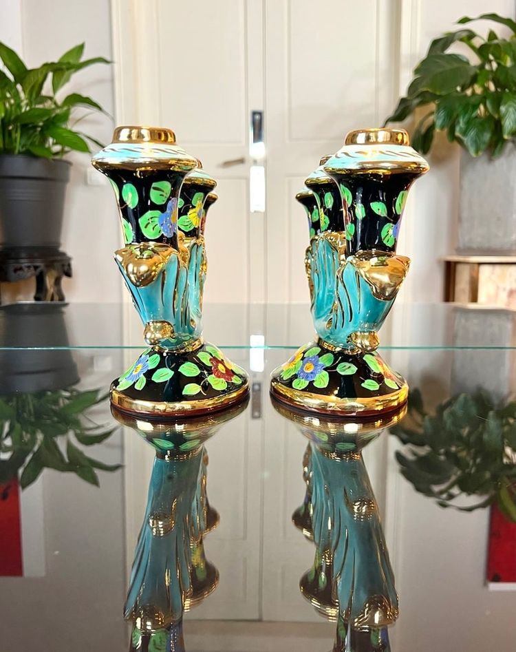 Bougeoirs En Faïence Monaco - Vintage 1960 - Turquoise Noir Et Or