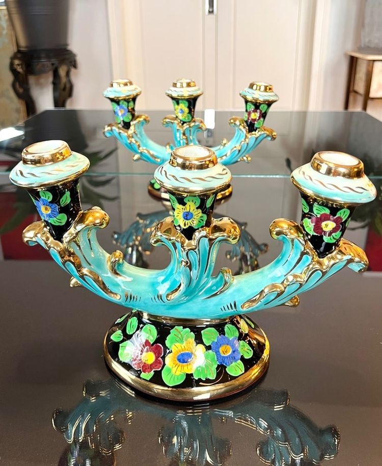 Bougeoirs En Faïence Monaco - Vintage 1960 - Turquoise Noir Et Or