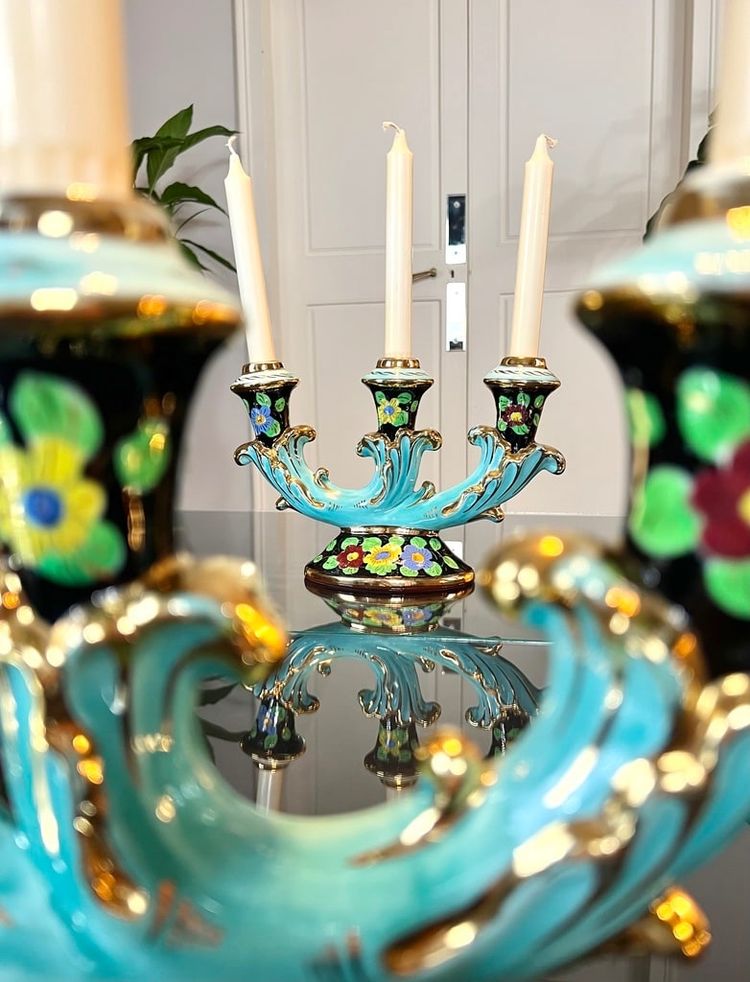 Bougeoirs En Faïence Monaco - Vintage 1960 - Turquoise Noir Et Or