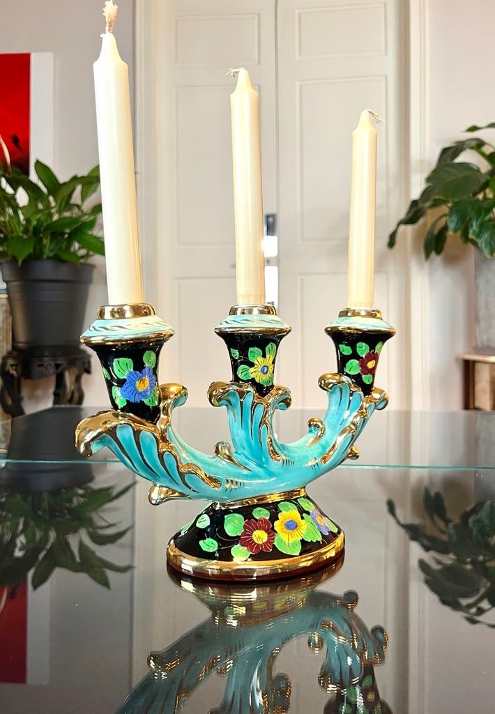 Bougeoirs En Faïence Monaco - Vintage 1960 - Turquoise Noir Et Or