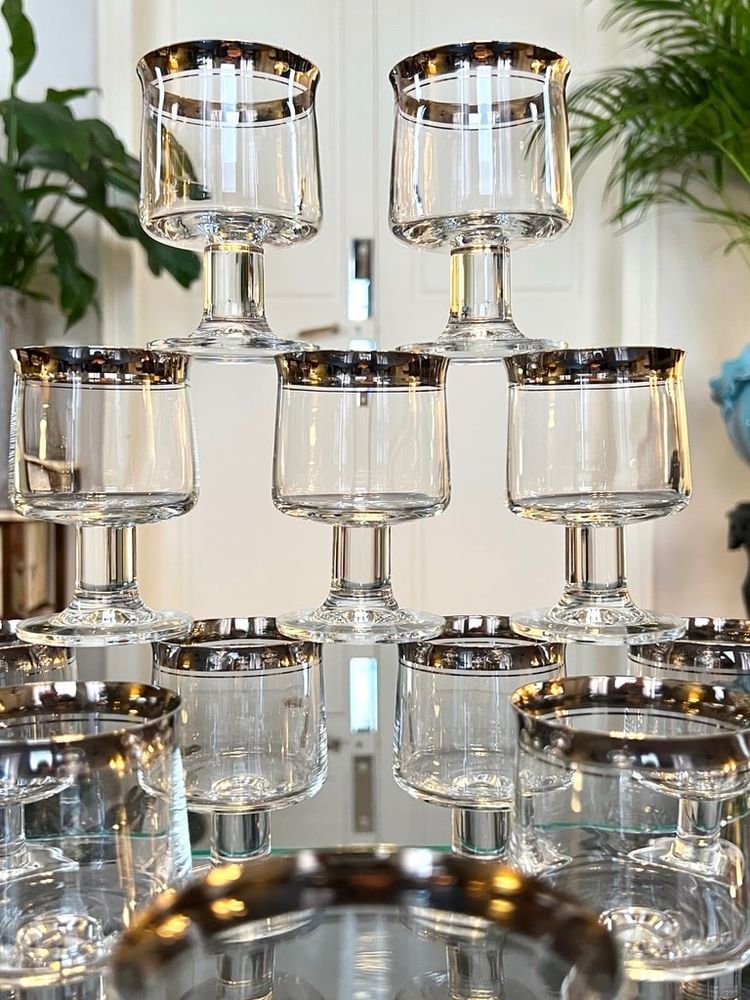 12 Water Glasses and 12 Wine Glasses in Platinum-Filled Crystal - Vintage 1970s Set