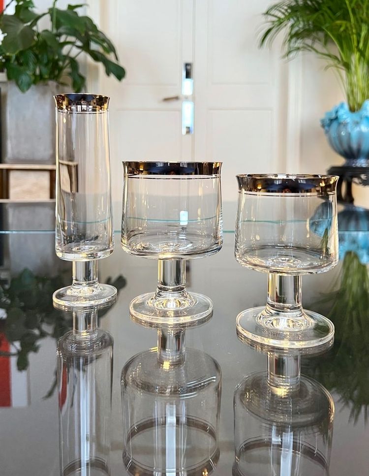12 Water Glasses and 12 Wine Glasses in Platinum-Filled Crystal - Vintage 1970s Set
