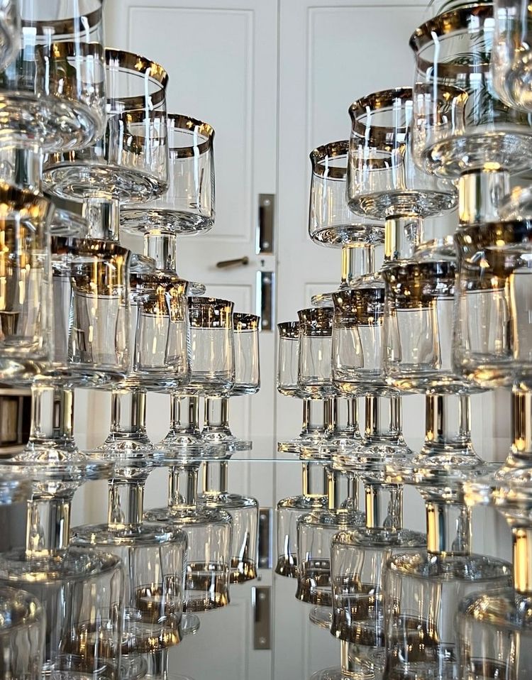 12 Water Glasses and 12 Wine Glasses in Platinum-Filled Crystal - Vintage 1970s Set